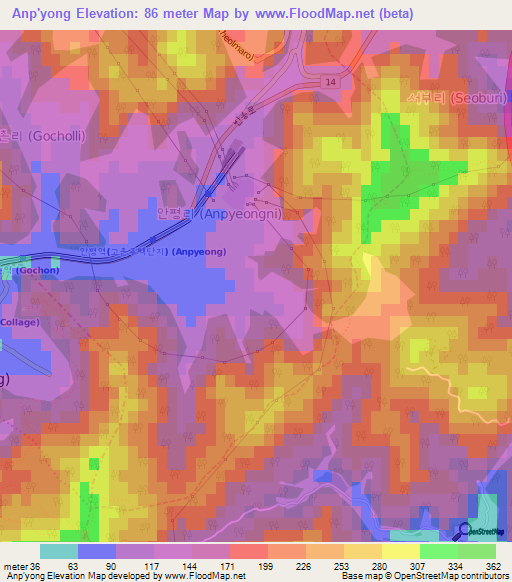 Anp'yong,South Korea Elevation Map