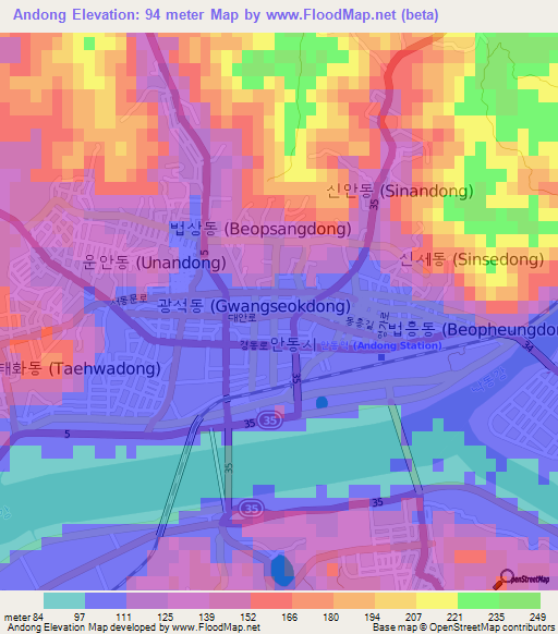 Andong,South Korea Elevation Map