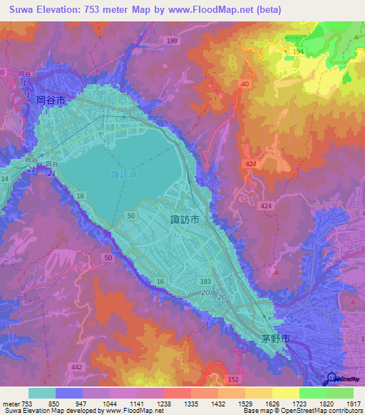 Suwa,Japan Elevation Map