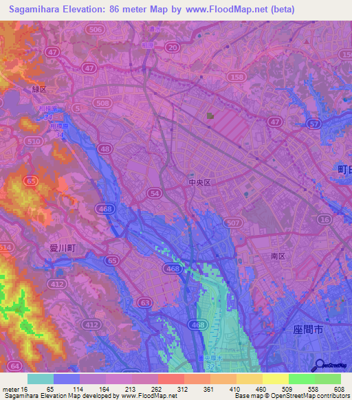 Sagamihara,Japan Elevation Map