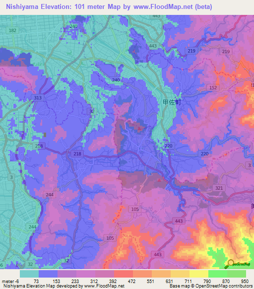 Nishiyama,Japan Elevation Map