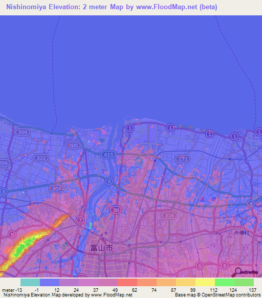 Nishinomiya,Japan Elevation Map