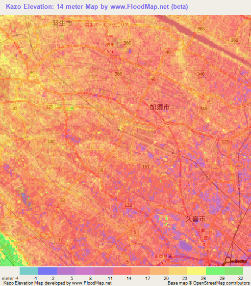 Kazo,Japan Elevation Map