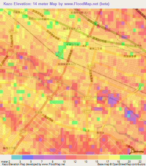 Kazo,Japan Elevation Map