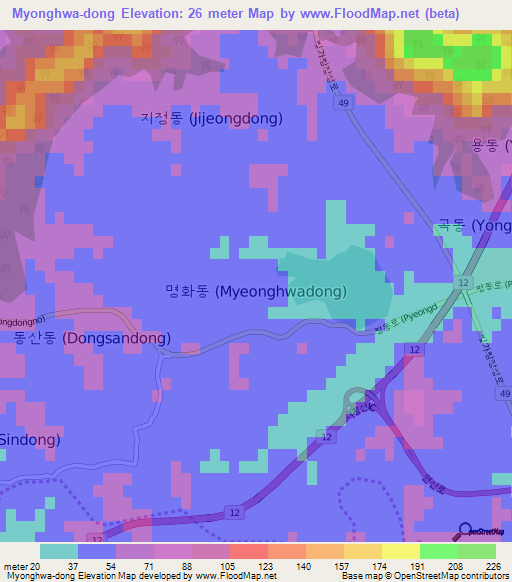 Myonghwa-dong,South Korea Elevation Map