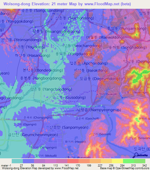 Wolsong-dong,South Korea Elevation Map