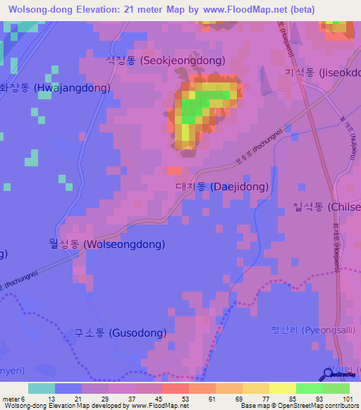 Wolsong-dong,South Korea Elevation Map