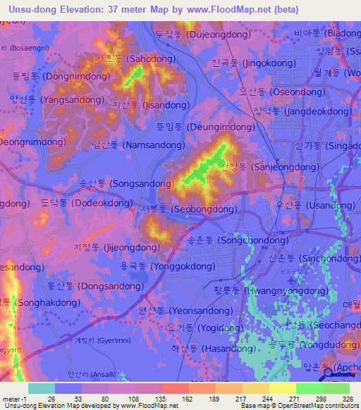 Unsu-dong,South Korea Elevation Map