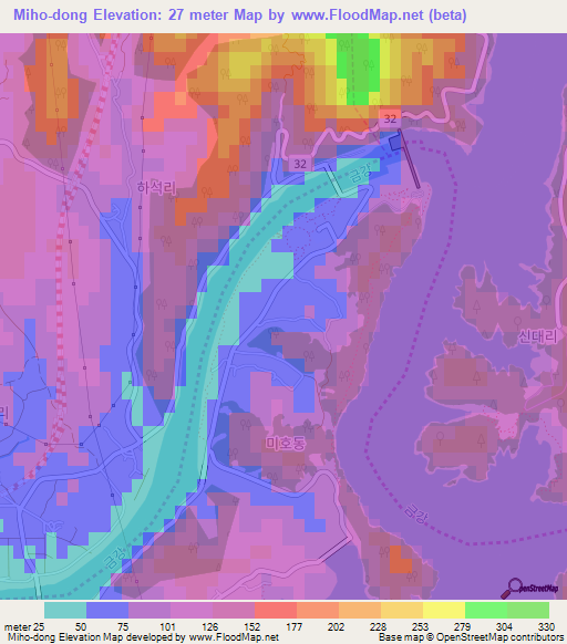 Miho-dong,South Korea Elevation Map