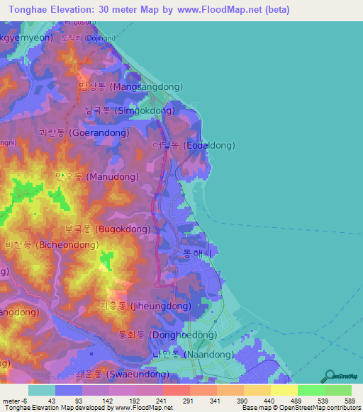 Tonghae,South Korea Elevation Map