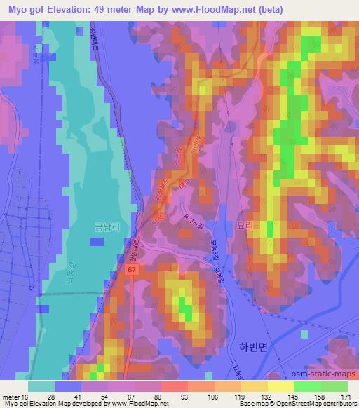 Myo-gol,South Korea Elevation Map