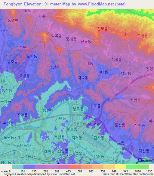 Tongbyon,South Korea Elevation Map