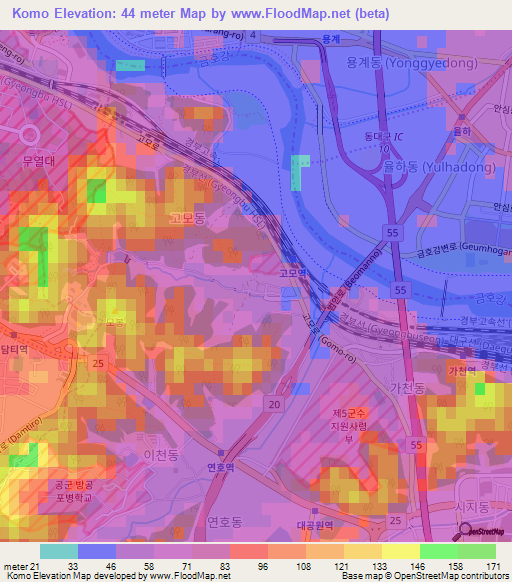 Komo,South Korea Elevation Map