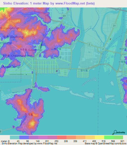 Sinho,South Korea Elevation Map