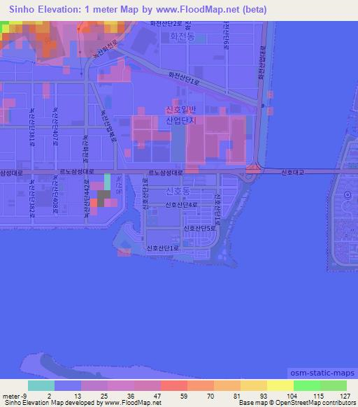Sinho,South Korea Elevation Map