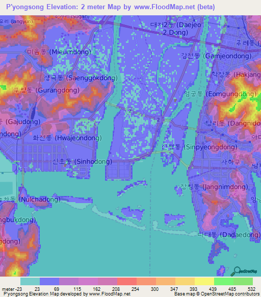 P'yongsong,South Korea Elevation Map