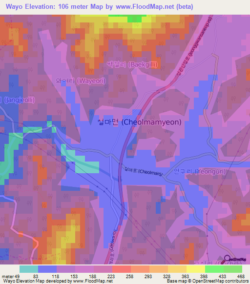 Wayo,South Korea Elevation Map