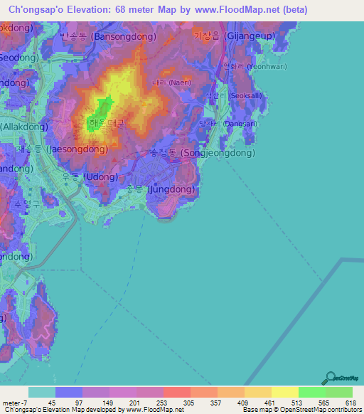 Ch'ongsap'o,South Korea Elevation Map