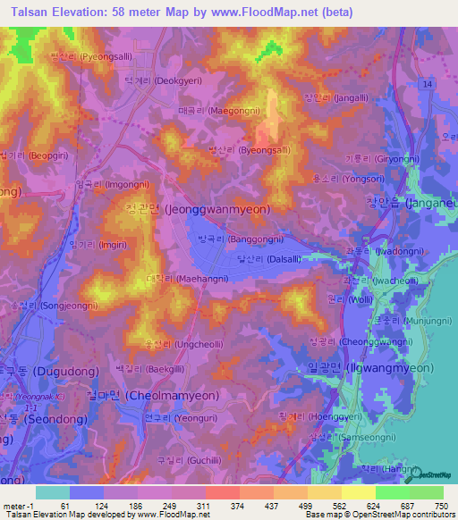 Talsan,South Korea Elevation Map