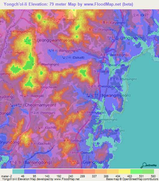 Yongch'ol-li,South Korea Elevation Map