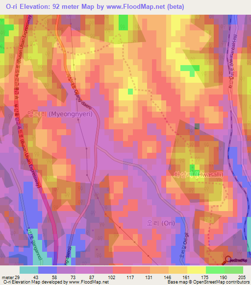 O-ri,South Korea Elevation Map