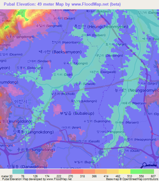 Pubal,South Korea Elevation Map