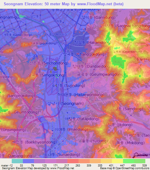 Seongnam,South Korea Elevation Map