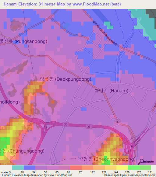 Hanam,South Korea Elevation Map