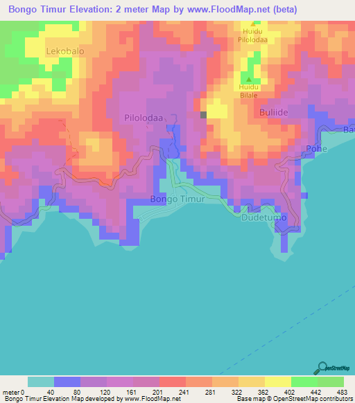 Bongo Timur,Indonesia Elevation Map