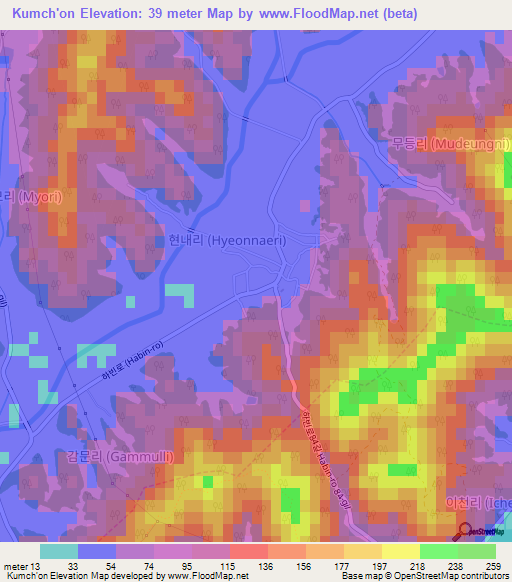 Kumch'on,South Korea Elevation Map