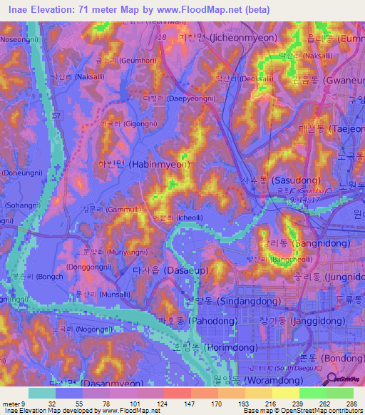 Inae,South Korea Elevation Map