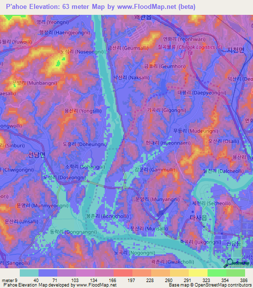 P'ahoe,South Korea Elevation Map