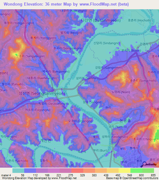 Wondong,South Korea Elevation Map