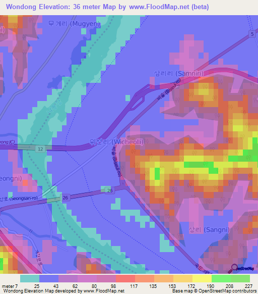 Wondong,South Korea Elevation Map