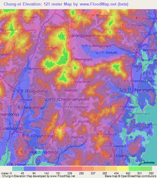 Chung-ni,South Korea Elevation Map
