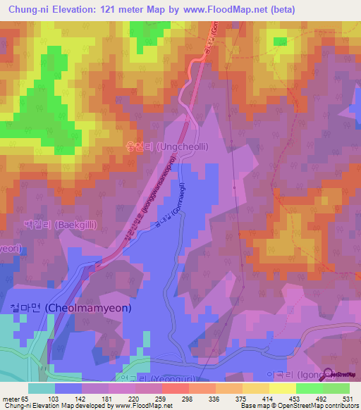 Chung-ni,South Korea Elevation Map