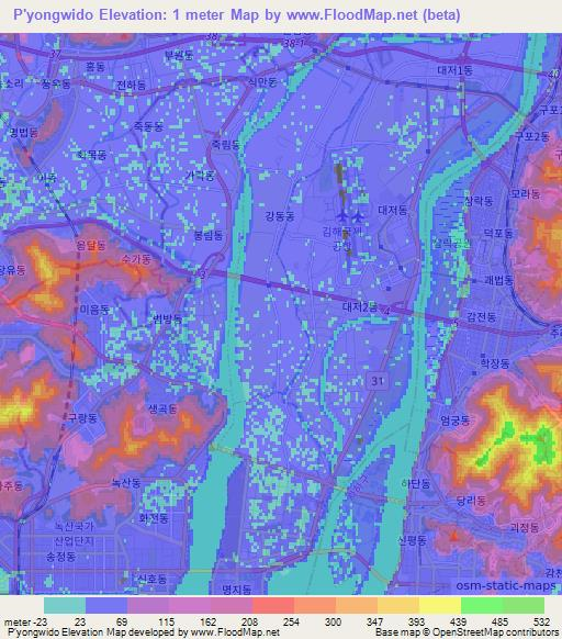 P'yongwido,South Korea Elevation Map