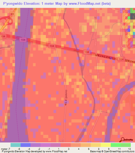 P'yongwido,South Korea Elevation Map