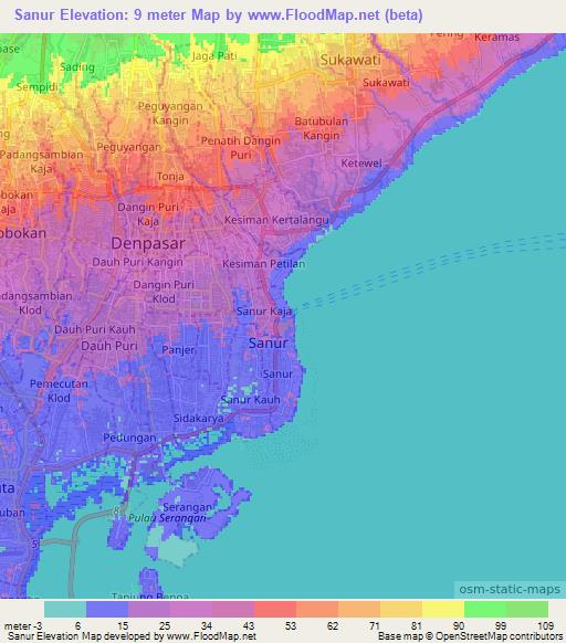 Sanur,Indonesia Elevation Map