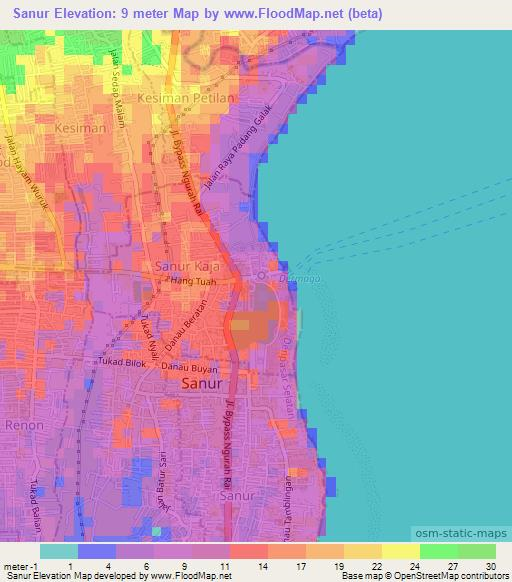 Sanur,Indonesia Elevation Map