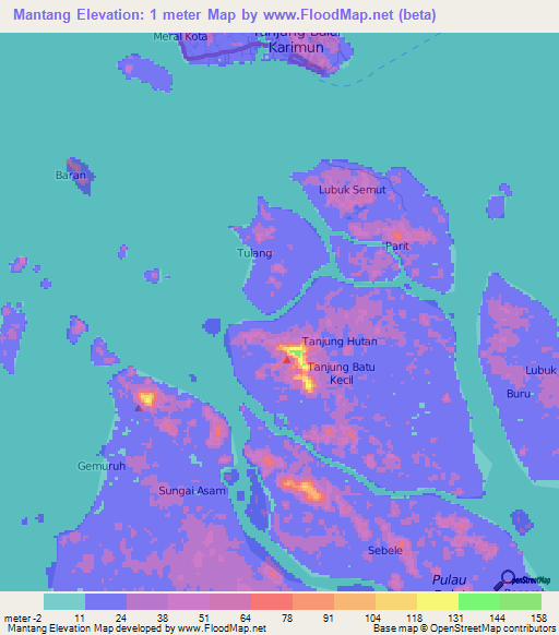 Mantang,Indonesia Elevation Map