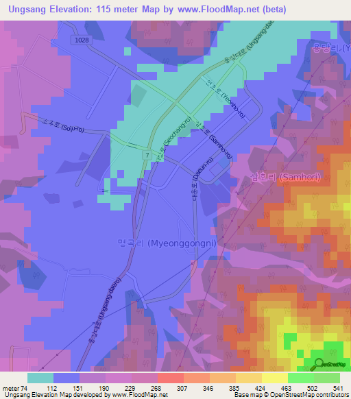 Ungsang,South Korea Elevation Map