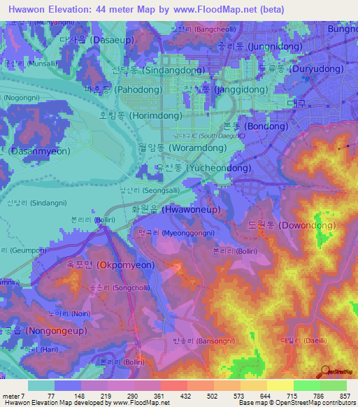 Hwawon,South Korea Elevation Map