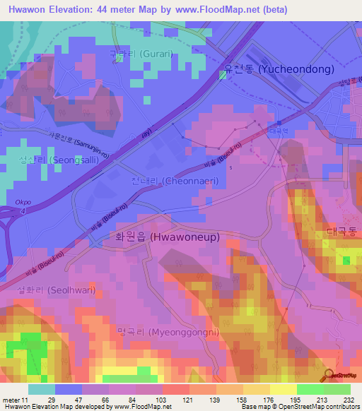 Hwawon,South Korea Elevation Map