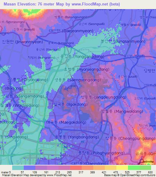 Masan,South Korea Elevation Map