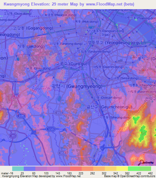 Kwangmyong,South Korea Elevation Map