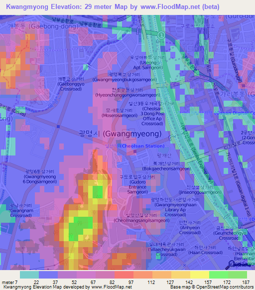 Kwangmyong,South Korea Elevation Map