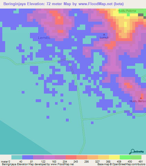 Beringinjaya,Indonesia Elevation Map