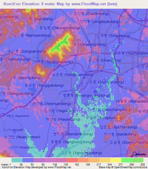 Konch'on,South Korea Elevation Map