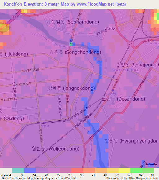 Konch'on,South Korea Elevation Map